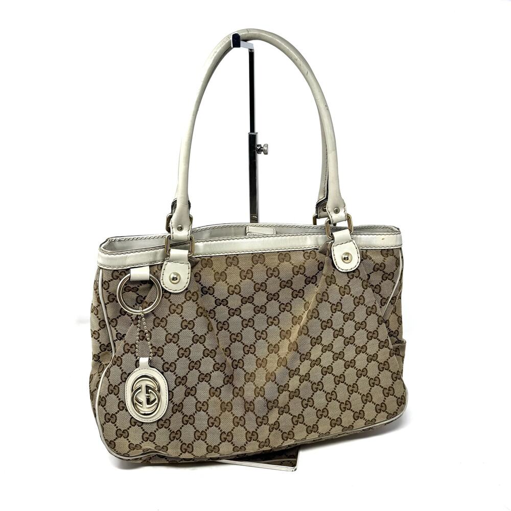 Gucci Sukey Medium Tote Monogram Canvas White Trim Pleated Handbag Charm